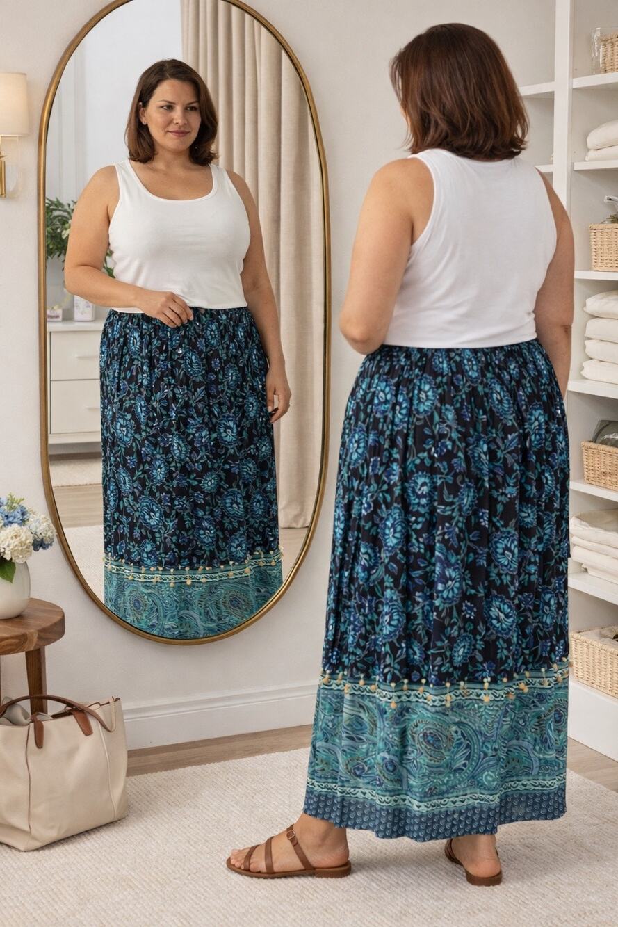 Vintage Notations Blue Green Floral Paisley Maxi Skirt Women's Size 1X-3X Boho